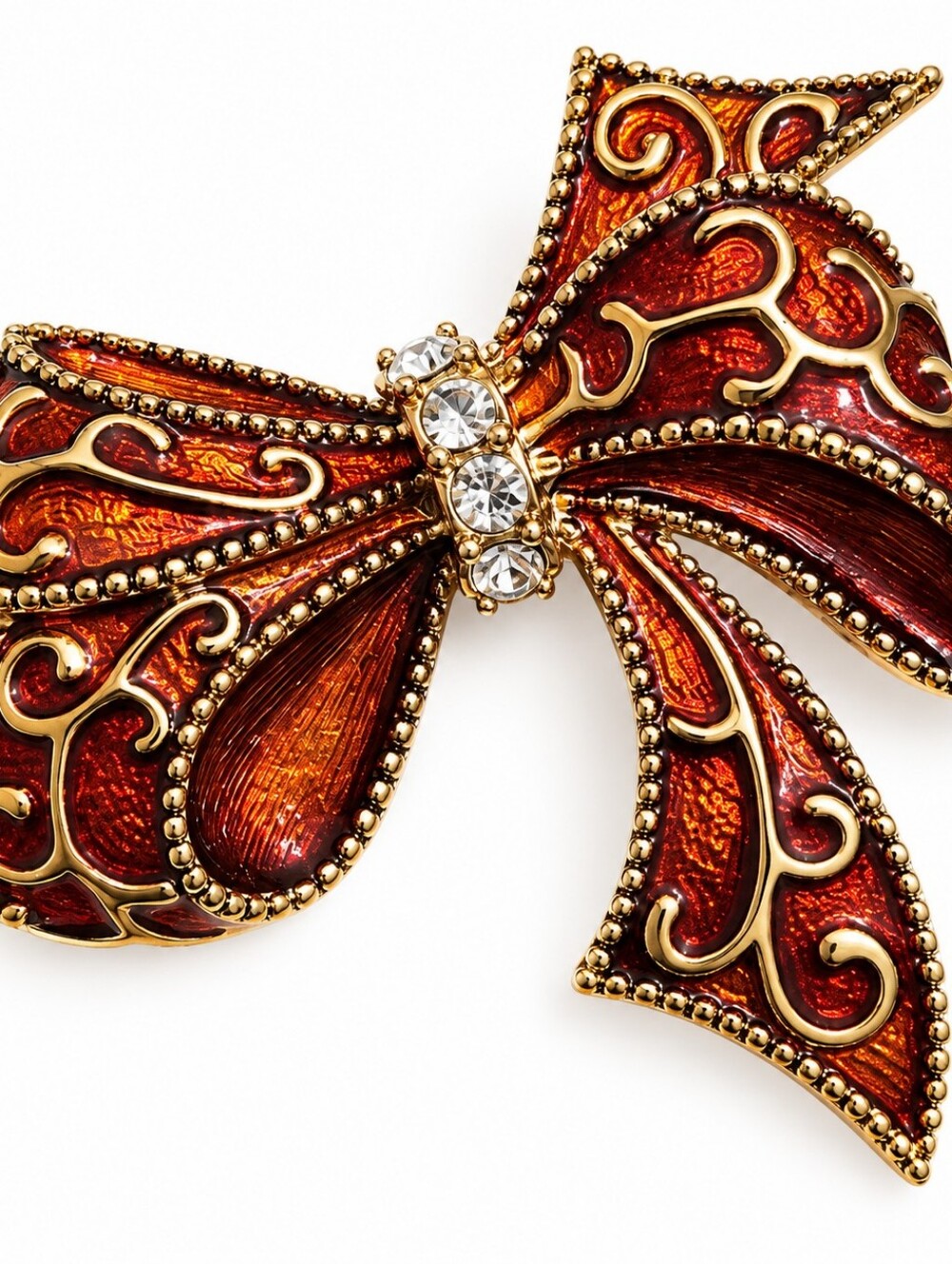 Vintage Signed Monet Gold Tone Red Enamel Bow Brooch with Rhinestones